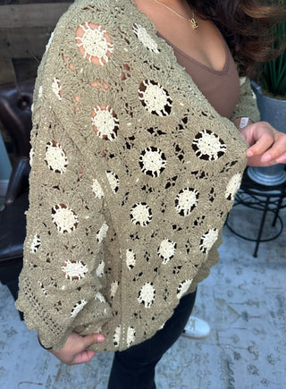 POL Olive & Almond One Size Chenille Crochet Cardigan Shrug Sweater Top