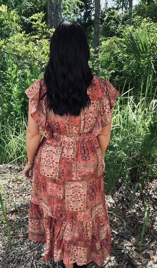 Polagram Terracotta Dream Floral Patchwork Ruffle Sleeve Midi Dress