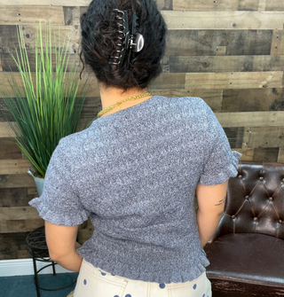 Listicle Midnight Blue Cable Knit Short Slv Ruffle Hem Sweater Top