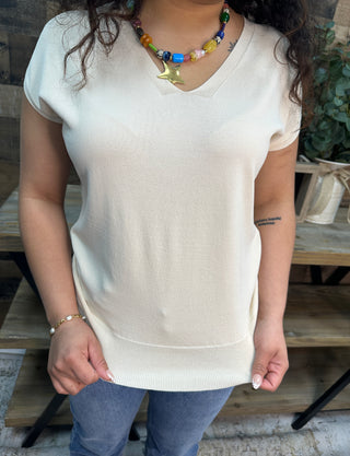 Alternate view of Like Love Cream Cap Slv V Neck Knit Top
