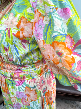Alternate view of Oddi Minty Garden Floral Printed Tiered Midi Dress w/ Puff Sleeve & Elastic Waist
