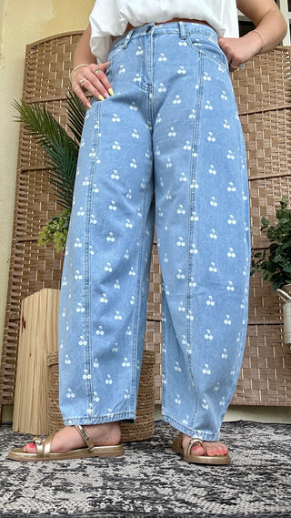 Peach Love Cherry Print Washed Denim Gypsy Fit Pants
