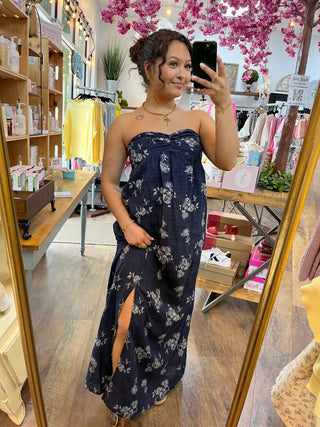 Navy Floral Romantic Strapless Maxi Dress