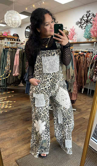 POL Leopard Crochet Patchwork Wide Leg Overalls