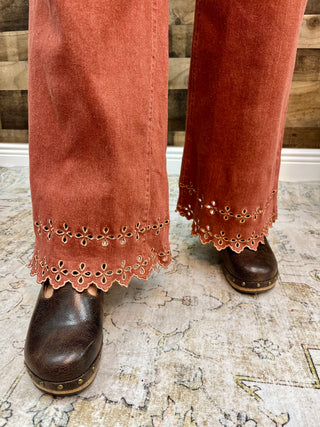 Brick Red Embroidered Hem Ankle Length Stretch Denim Pants