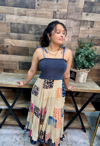 Alternate view of Young Threads Smocked Denim w/ Latte Patchwork Midi Dress
