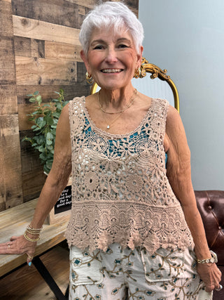 POL CHOCO Taupe Crochet Sleeveless Top