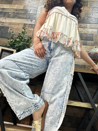 Alternate view of POL Acid Wash Denim, Lace & Stripe Barrel Leg

