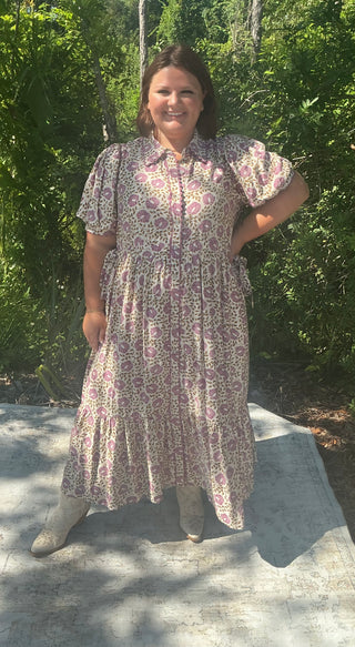 Orchid floral midi dress with button front and scallop trim, featuring a fitted bodice and flowing skirt