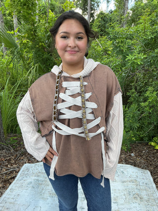 POL Mocha Sweater Top w/ Lace Down Detail