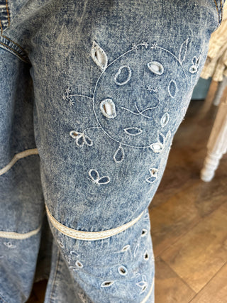 Alternate view of POL Denim & Ivory Eyelet Overalls

