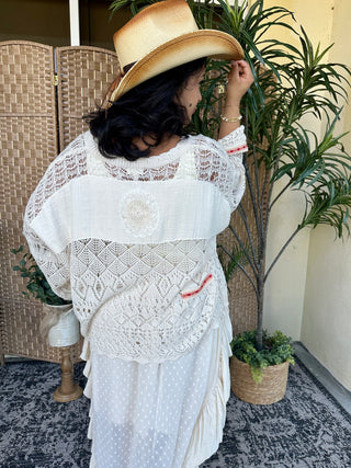 Alternate view of POL Natural Crochet Patchwork Style VNeck Top
