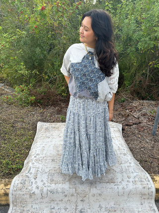 Easel Denim Printed Stripe Tiered Maxi Skirt Easel Denim Printed Stripe Tiered Maxi Skirt