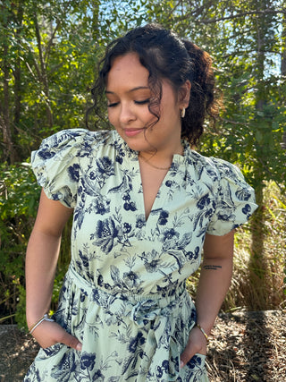 Alternate view of A & She Sage & Navy Floral Split Neck Midi Dress
