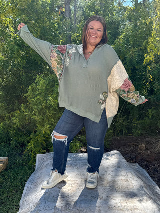 Davi & Dani Seafoam Waffle Knit Patchwork Hoodie Top