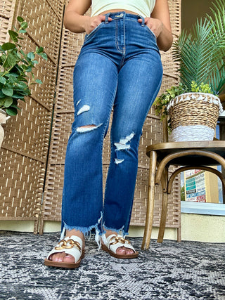 Alternate view of Vervet T5513 Dark Wash High Rise Crop Flare Distressed Jeans
