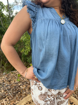 Alternate view of A & She Tencel Chambray Ruffle Cap Sleeve Top
