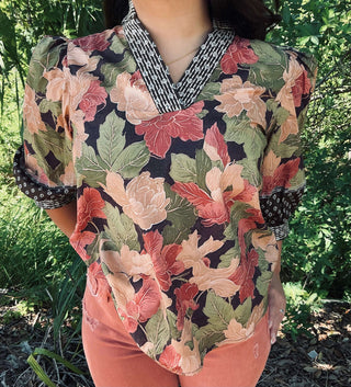 Entro Brown Floral Print Top with embroidered V-neck and sleeves, featuring a stylish and elegant design perfect for any occasion.