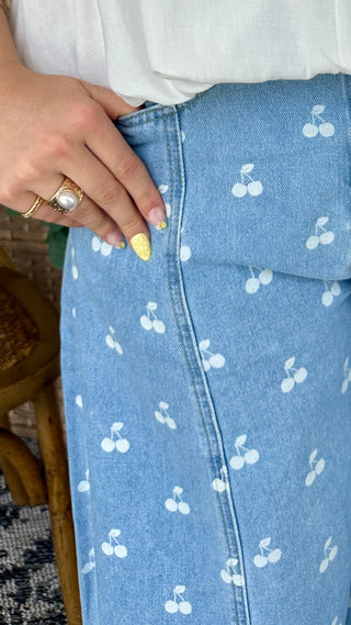 Peach Love Cherry Print Washed Denim Gypsy Fit Pants
