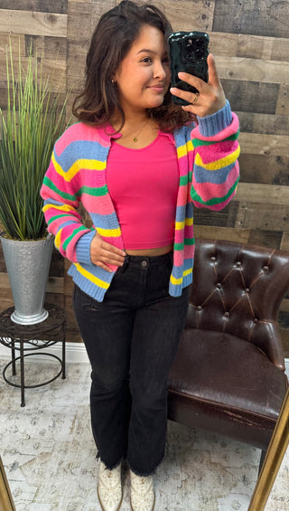 Hot Pink Stripe Color Block Cardigan Sweater Top