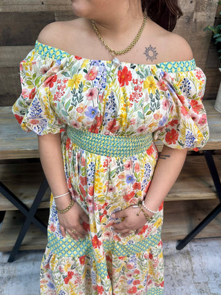 Alternate view of Jodifl Butter Yellow Floral Green Trim Peasant Midi Dress
