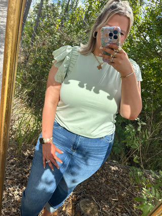 Alternate view of Green Eyelet Flutter Sleeve Top
