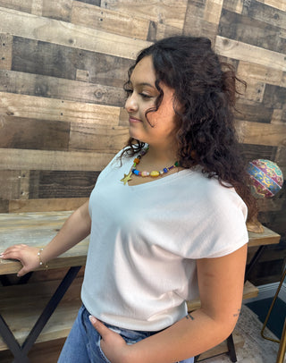 Like Love White Cap Slv V Neck Knit Top