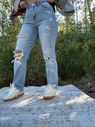 MICA T3014 Jean Med Wash High Rise Straight Leg Distressed