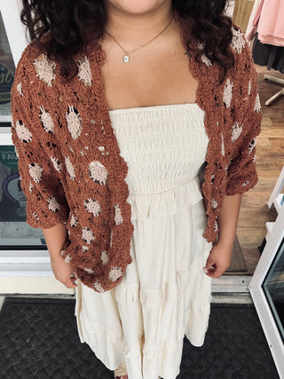 POL Brick Latte Chenille Crochet Cardigan Shrug