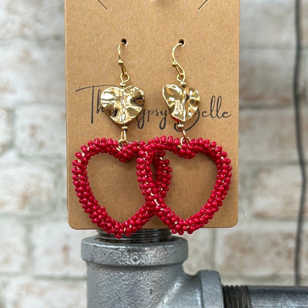 Red Seed Bead Heart Earrings - The Gypsy Belle Boutique