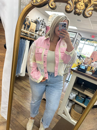 Pink striped button-up shacket with cream lace sleeves and trim detail.
