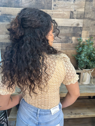 Easel NATURAL Textured Mesh Short Sleeve Layering Top