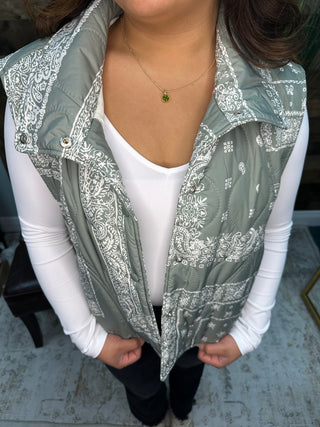 Umgee Sage Green Bandand Print Quilted Vest Top