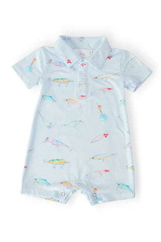 Light blue polo shortall with colorful fishing lure print and short sleeves.

