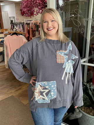 Blue Velvet Star Patchwork Long Sleeve Top