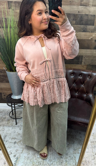 Blush Pink Lace Contrast Front Tie Hooded Jacket Oversized