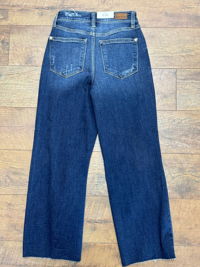 FINAL SALE Judy Blue - Tell Her About It High Waisted Destroyed Knee Cropped Wide Leg Jeans 82593 DK - The Gypsy Belle Boutique