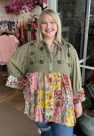 Young Threads Olive Patchwork Top w/ Ruffle Sleeve