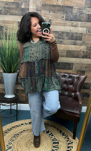 Boho Chic Basil Green Patchwork Button Down Sleeveless Top