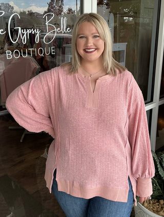 Fantastic Fawn Mauve Knit Rib Loose Fit Split Neck Top