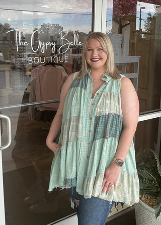 Blue Velvet Turquoise Plaid Tunic Dress Sleeveless Button Down Collar Cut