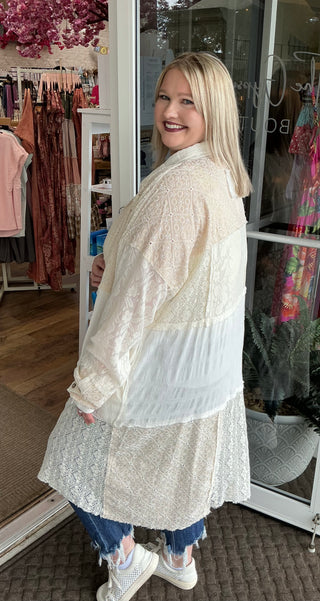 Oli & Hali Ecru Patch Lace Button Up Long Shacket Top Kimono