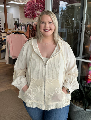 POL Natural Ivory Crochet Trim Zipper Shacket