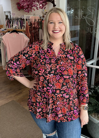 Dear Scarlett Black & Coral Print Lizzy Top