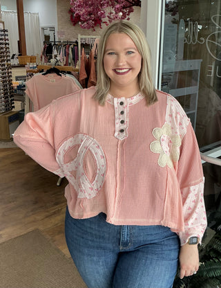 POL Pink Peace Floral Patch Top