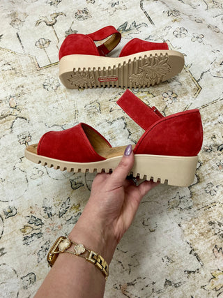 Comfortiva - Red Brushed Italian Leather Peep Toe Wedge Sandals Daniella