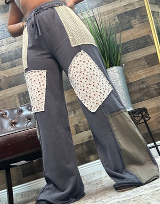 Blue Patchwork Wide Leg Pant