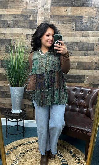 Boho Chic Basil Green Patchwork Button Down Sleeveless Top