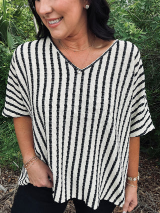 Sew In Love Dolman Top Ivory & Black Stripe Textured V Neck