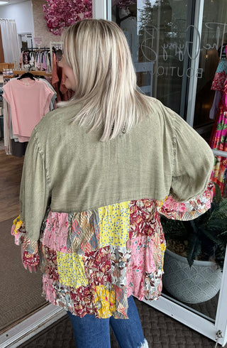 Young Threads Olive Patchwork Top w/ Ruffle Sleeve